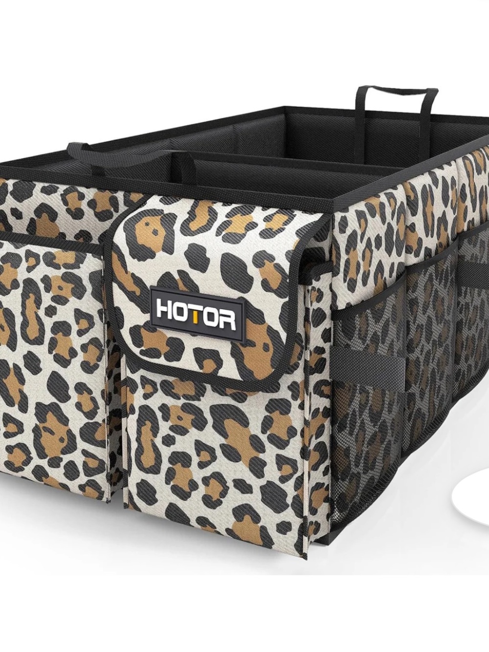 Leopard Print Trunk Organizer - Foldable Car Storage (Brown/Black)
